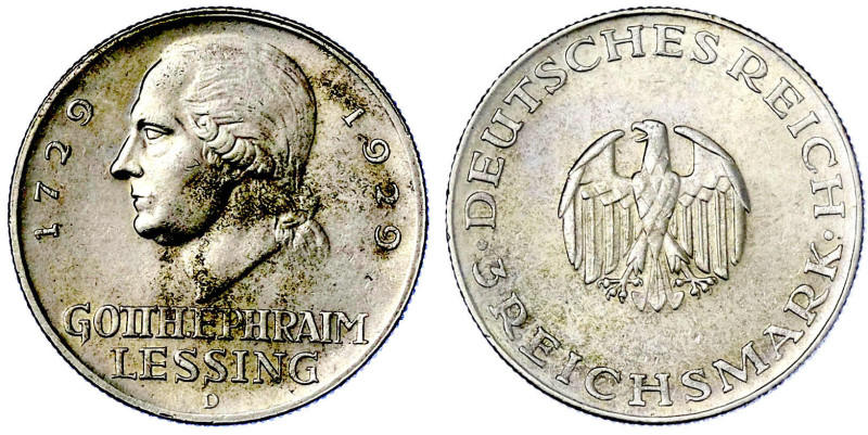 Weimarer Republik

Gedenkmünzen

3 Reichsmark Lessing

1929 D. gutes vorzü...