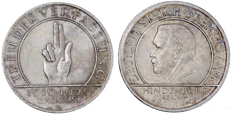 Weimarer Republik

Gedenkmünzen

3 Reichsmark Schwurhand

1929 E. vorzügli...