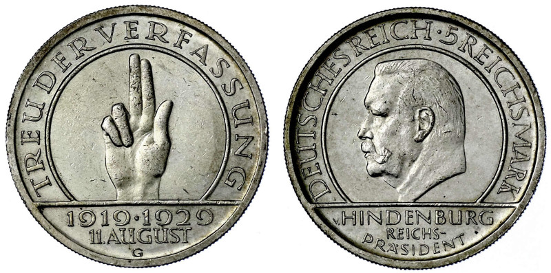 Weimarer Republik

Gedenkmünzen

5 Reichsmark Schwurhand

1929 G. gutes vo...