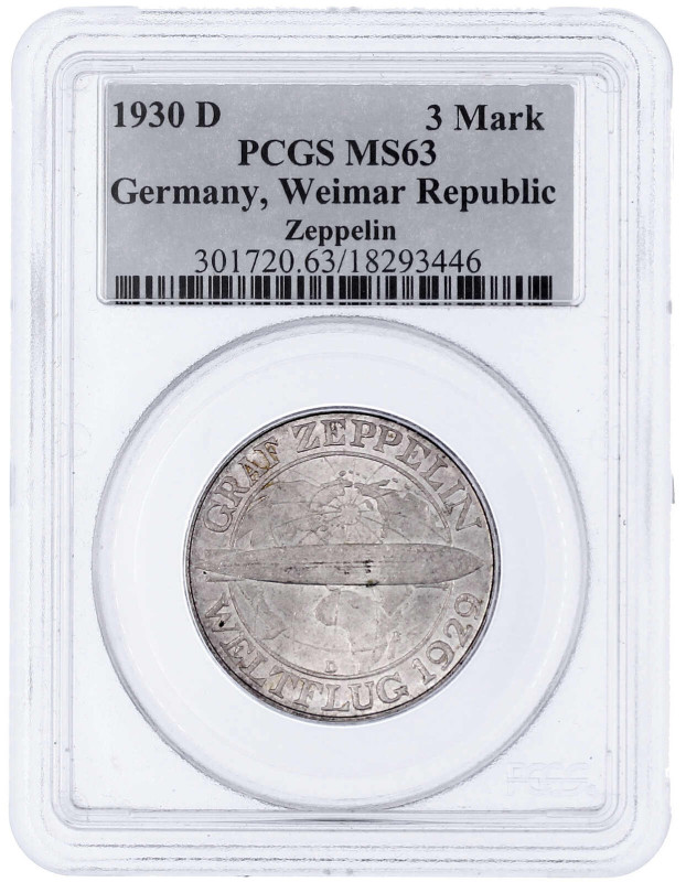 Weimarer Republik

Gedenkmünzen

3 Reichsmark Zeppelin

1930 D. Im PCGS-Bl...