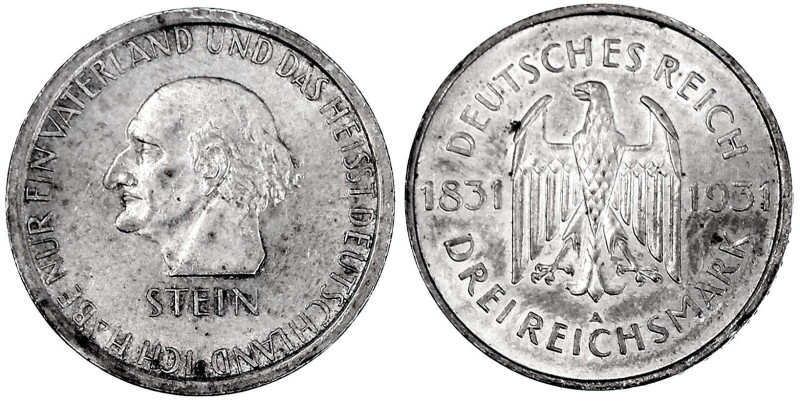 Weimarer Republik

Gedenkmünzen

3 Reichsmark Stein Reichsfreiherr

1931 A...