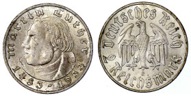 Drittes Reich

Gedenkmünzen

2 Reichsmark Luther

1933 E. fast Stempelglanz. Jaeger 352.