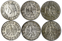 Drittes Reich

Gedenkmünzen

5 Reichsmark Luther

6 Stück: komplette Serie mit allen Buchstaben 1933 A,D,E,F,G,J. meist sehr schön. Jaeger 353 (...