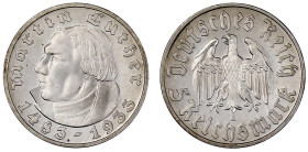 Drittes Reich

Gedenkmünzen

5 Reichsmark Luther

1933 A. Geringe Auflage. Polierte Platte, Prachtexemplar. Jaeger 353.