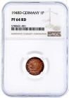 Münzen der Bundesrepublik Deutschland

Kursmünzen

1 Pfennig, Eisen, Kupfer platt, 1948-2001

1948 D. Im NGC-Blister mit Grading PF 64 RD (bishe...