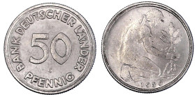 Münzen der Bundesrepublik Deutschland

Kursmünzen

50 Pfennig, Kupfer/Nickel 1949-2001

1950 G, Bank Deutscher Länder. fast Stempelglanz, Pracht...