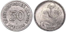 Münzen der Bundesrepublik Deutschland

Kursmünzen

50 Pfennig, Kupfer/Nickel 1949-2001

1950 G, Bank Deutscher Länder. vorzüglich/Stempelglanz. ...