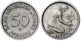 Münzen der Bundesrepublik Deutschland

Kursmünzen

50 Pfennig, Kupfer/Nickel 1949-2001

1950 G, Bank Deutscher Länder. sehr schön. Jaeger 379....