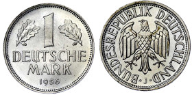 Münzen der Bundesrepublik Deutschland

Kursmünzen

1 Deutsche Mark Kupfer/Nickel 1950-2001

1956 J. Stempelglanz, Prachtexemplar. Jaeger 385.
