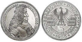 Münzen der Bundesrepublik Deutschland

Gedenkmünzen

5 Deutsche Mark, Silber, 1952-1979

Markgraf von Baden 1955 G. Polierte Platte, min. Kratze...