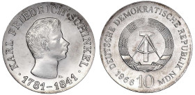 Münzen der Deutschen Demokratischen Republik

Gedenkmünzen der DDR

10 Mark 1966, Schinkel. Randschrift läuft rechts herum. prägefrisch. Jaeger 15...