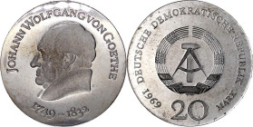 Münzen der Deutschen Demokratischen Republik

Gedenkmünzen der DDR

20 Mark 1969, Goethe. Auflage laut Jaeger nur wenige Ex. Polierte Platte, von ...