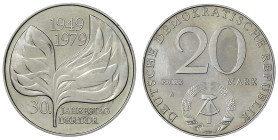 Münzen der Deutschen Demokratischen Republik

Gedenkmünzen der DDR

20 Mark 1979 A, Blattprobe. Stempelglanz. Jaeger 1573 P.