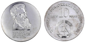 Münzen der Deutschen Demokratischen Republik

Gedenkmünzen der DDR

10 Mark 1979, Feuerbach. Randschrift läuft rechts herum. prägefrisch. Jaeger 1...