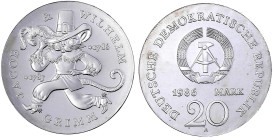 Münzen der Deutschen Demokratischen Republik

Gedenkmünzen der DDR

20 Mark 1986 A, Grimm. Randschrift läuft rechts herum. Stempelglanz. Jaeger 16...