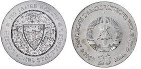 Münzen der Deutschen Demokratischen Republik

Gedenkmünzen der DDR

20 Mark 1987 A, Stadtsiegel. Randschrift läuft rechts herum. Stempelglanz. Jae...