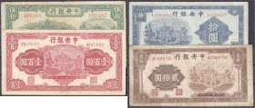 Banknoten

Ausland

China

Central Bank of China, 10, 20, 50 und 100 Yuan 1931-1942. III bis III- Pick 238b, 242a, 248 u. 249a.