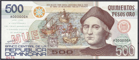 Banknoten

Ausland

Dominikanische Republik

500 Pesos oro 1992. Roter Überdruck „MUESTRA“. I. Pick 140 s2.
