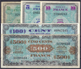 Banknoten

Ausland

Frankreich

Alliierte Militärbehörde, 5 Scheine zu 2, 5, 10, 100 u. 500 Francs 1944. II-III. Pick 114, 115, 116, 118a u. 119...
