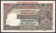Banknoten

Ausland

Myanmar (Burma)

Reservebank von Indien, 5 Rupien o.D. (1938). Roter Überdruck im oberen Randbereich. III, Nadelstiche. Pick...
