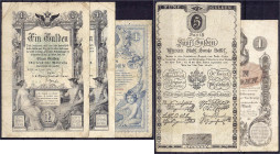 Banknoten

Ausland

Österreich

5 Scheine zu 4x 1 Gulden und 5 Gulden 1806 - 1888. III-IV. Pick A38, A84, A150, A156.
