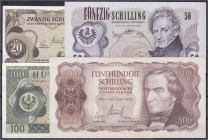 Banknoten

Ausland

Österreich

20, 50, 100 u. 500 Schilling 1965 - 1970. II. Pick 139, 142, 143, 145.
