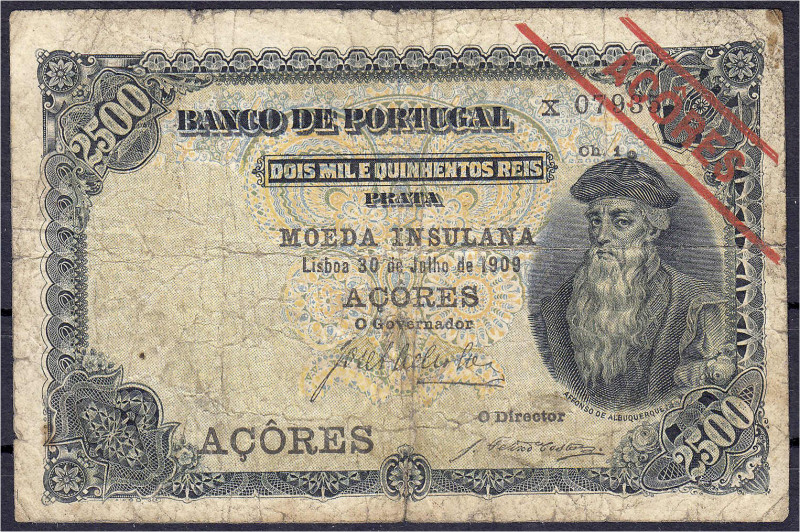 Banknoten

Ausland

Portugal-Azoren

2500 Reis Prata 30.7.1909. Mit rotem,...