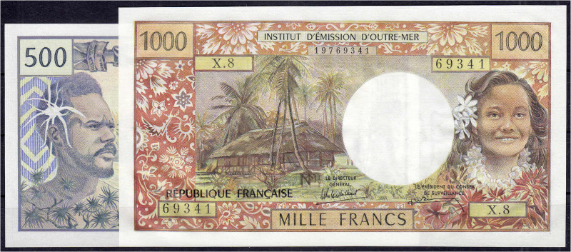 Banknoten

Ausland

Tahiti

Papeete, 500 u. 1000 Francs o.D. (1985). I-, e...