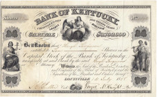 Banknoten

Ausland

Vereinigte Staaten von Amerika

Bank of Kentucky, Anteilschein zu 10 Shares (= 1000 $), Louisville, 12. Juli 1858, ausgestel...