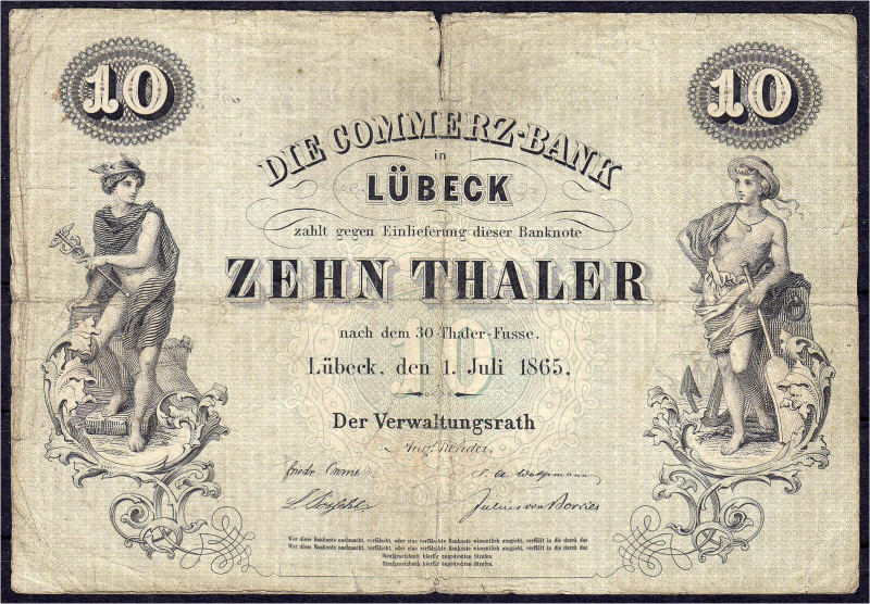 Banknoten

Altdeutschland

Lübeck

10 Thaler 1.7.1865 (1866). Commerz-Bank...