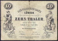 Banknoten

Altdeutschland

Lübeck

10 Thaler 1.7.1865 (1866). Commerz-Bank. Rs. Lit. A, KN. 05759. IV, eingerissen. Grabowski/Kranz 183. Pick S3...