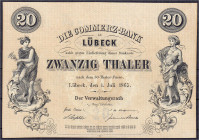 Banknoten

Altdeutschland

Lübeck

Commerz-Bank, 20 Thaler 1.7.1865 (1866). Rs. ohne Lit. und KN. I-, äußerst selten in dieser Erhaltung. Grabow...