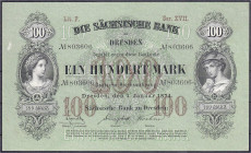 Banknoten

Altdeutschland

Sachsen

Sächsische Bank zu Dresden, 100 Mark 1.1.1874. Ohne Handunterschriften auf Rs., Serie XVII. II, kl. Kleberre...