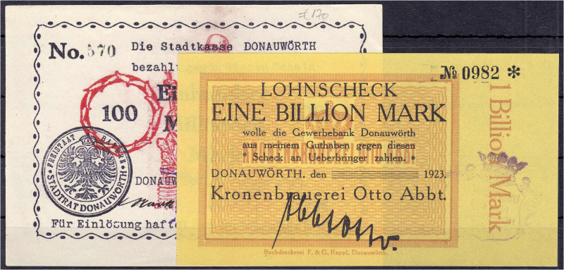 Banknoten

Deutsches Notgeld und KGL

Donauwörth (Bayern)

2 Scheine, Kron...