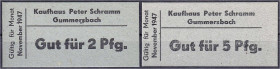 Banknoten

Deutsches Notgeld und KGL

Gummersbach (Nordrhein-Westfalen)

Peter Schramm, 2 u. 5 Pfg. November 1947. I-, selten