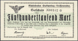 Banknoten

Deutsches Notgeld und KGL

Guttentag (Schlesien)

Kleinbahn Guttentag-Vossowska, 500 Tsd. Mark 25.8.1923. Muster ohne Stempel, Wz. ve...