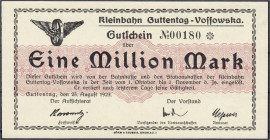 Banknoten

Deutsches Notgeld und KGL

Guttentag (Schlesien)

Kleinbahn Guttentag-Vossowska, 1 Mio. Mark 25.8.1923. Muster ohne Stempel, Wz. vers...