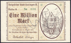 Banknoten

Deutsches Notgeld und KGL

Hattingen/Ruhr (Westfalen)

Stadt, 1 Mio. Mark 10.8.1923. Reihe A, Rs. blanko. II, selten. Topp 425.4b. Ke...