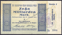 Banknoten

Deutsches Notgeld und KGL

Hattingen/Ruhr (Westfalen)

Stadt, 10 Mrd. Mark 27.10.1923. Reihe I, entwertet durch Diagonal-Strich, hand...