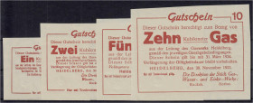 Banknoten

Deutsches Notgeld und KGL

Heidelberg (Baden)

Städt. Gas-, Wasser- und Elektr.-Werke, 4 Scheine zu 1, 2, 5 u. 10 cbm Gas 30.11.1923....