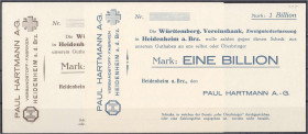 Banknoten

Deutsches Notgeld und KGL

Heidenheim (Württemberg)

Paul Hartmann A.-G., 5 Mrd. u. Bio. Mark o.D. I-, selten. Keller 2285. Dießner. ...