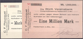 Banknoten

Deutsches Notgeld und KGL

Heidenheim (Württemberg)

C. F. Ploucquet, 100 Tsd. und 1 Mio. Mark o.D. Gedruckte Schecks auf Württ. Vere...