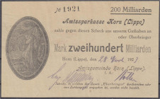 Banknoten

Deutsches Notgeld und KGL

Horn (Lippe)

Amtssparkasse, 200 Mrd. Mark 28.11.1923. Ohne Wz. II. Keller 2447.