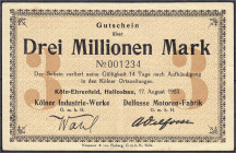 Banknoten

Deutsches Notgeld und KGL

Köln-Ehrenfeld (Nordrhein Westfalen)

Kölner Industri-Werke u. Delfosse Motoren-Fabrik, 3 Mio. Mark 17.8.1...
