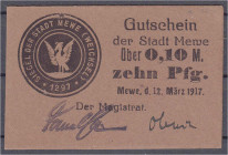 Banknoten

Deutsches Notgeld und KGL

Mewe (Westpr.)

Stadt, 10 Pfg. 12.3.1917. Rs. Stadtsiegel. II, Fleck. Tieste 4530.05.01.