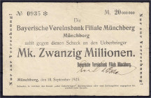 Banknoten

Deutsches Notgeld und KGL

Münchberg (Bayern)

Bayerische Vereinsbank, 20 Mio. Mark 18.9.1923. Ohne Wz. III-IV, selten. Keller -.