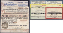 Banknoten

Deutsches Notgeld und KGL

München (Bayern)

Reichspostministerium, 8 Scheine zu 100 Mrd., 1 Bio. Mark, 2x 42 Gpfg., 2x 1,05, 1x 2,10...