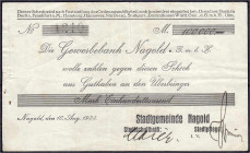 Banknoten

Deutsches Notgeld und KGL

Nagold (Württemberg)

Stadtgemeinde, 100 Tsd. Mark 10.8.1923 gedruckter Scheck auf Gewerbebank Nagold. III...