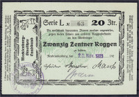 Banknoten

Deutsches Notgeld und KGL

Neubrandenburg (Mecklenburg-Vorpommern)

20 Zentner Roggen 20.11.23. Papier hellgrüngrau, Wertzeile 77 mm,...
