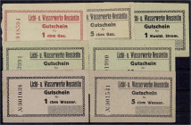 Banknoten

Deutsches Notgeld und KGL

Neustettin (Pommern)

Städtische Licht-. u. Wasserwerke, 7 Scheine zu 1 u. 5 cbm Gas, 1, 5 u. 10 Kwstd. St...